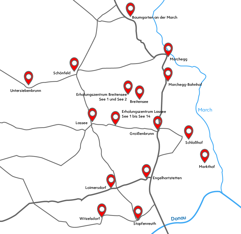 Baumgarten an der March, Marchegg, Marchegg-Bahnhof, Untersiebenbrunn, Schönfeld, Erholungszentrum Breitensee See 1 und 2, Breitensee, Erholungszentrum Lassee See 1 bis 14, Lassee, Groißenbrunn, Schloßhof, Markthof, Engelhartstetten, Stopfenreuth, Loimersdorf und Witzelsdorf