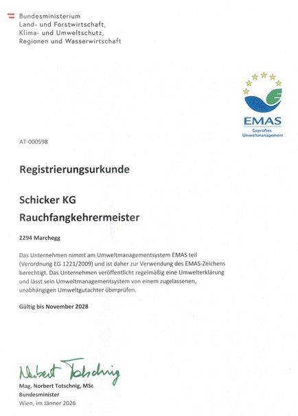 EMAS Registrierungsurkunde für Schicker KG bis 2028 gültig.
